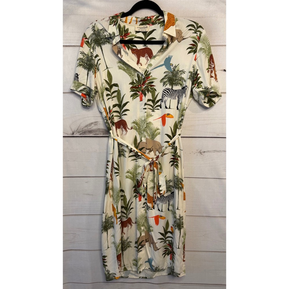 Sugarhill Brighton Safari Animal Print Shirt Dress White Leopard Zebra US 4